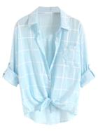 Choies Sky Blue Plaid Print Roll Up Sleeve Semi-sheer Shirt