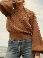 Choies Brown Fluffy Ball Detail Puff Sleeve Chic Women Knit Sweater