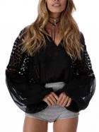 Choies Black V Neck Tie Front Crochet Lace Panel Puff Sleeve Blouse
