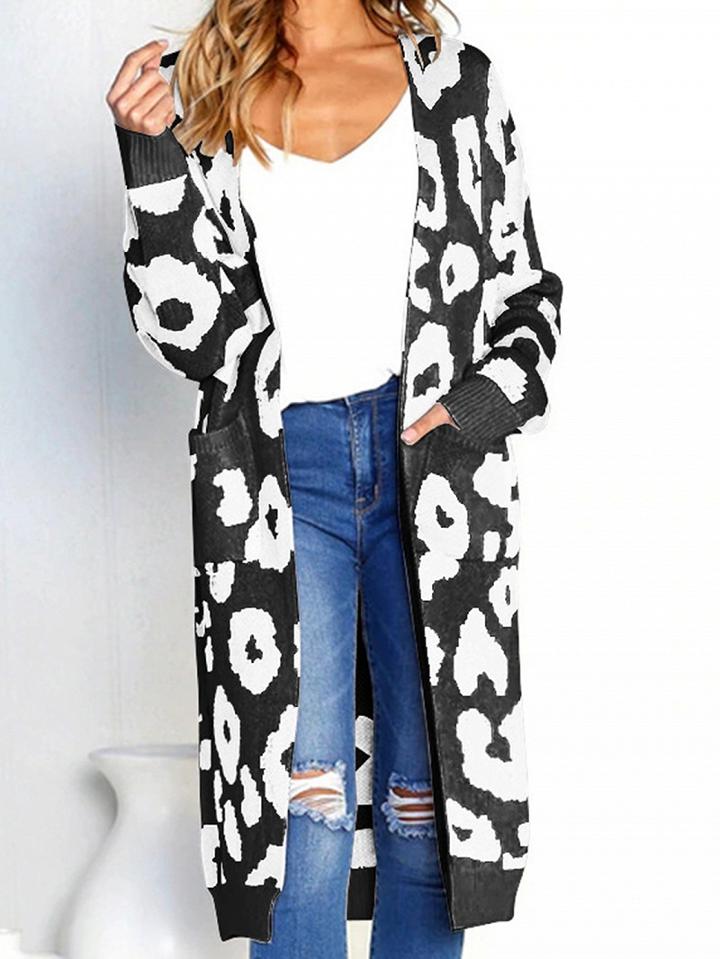 Choies Black Cotton Circle Print Long Sleeve Chic Women Longline Cardigan