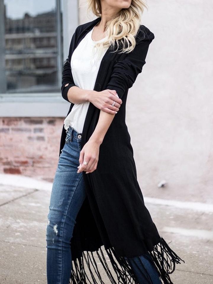 Choies Black Tassel Hem Long Sleeve Longline Cardigan