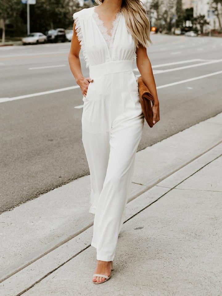 Choies White Chiffon V-neck Lace Trim Sleeveless Chic Women Jumpsuit
