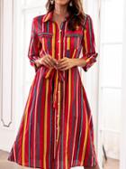 Choies Polychrome Stripe Cotton Blend Tie Waist Chic Women Midi Dress