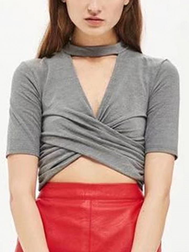 Choies Gray V-neck Cross Front Short Sleeve Cropped T-shirt
