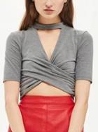 Choies Gray V-neck Cross Front Short Sleeve Cropped T-shirt