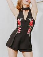 Choies Black V-neck Floral Embroidery Romper Playsuit