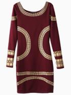 Choies Wine Red Gold Stamping Long Sleeve Bodycon Dress