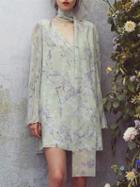 Choies Green Chiffon V-neck Floral Print Long Sleeve Chic Women Mini Dress