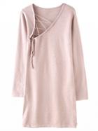 Choies Pink Lace Up Front Long Sleeve Knitted Mini Dress