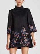 Choies Black Faux Suede High Neck Embroidery Floral Mini Dress