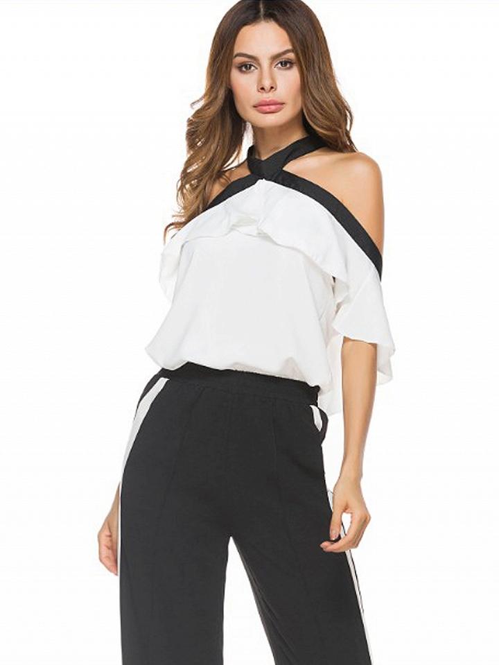 Choies White Halter Tie Neck Cold Shoulder Ruffle Contrast Trim Top