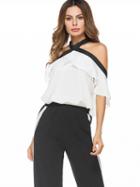 Choies White Halter Tie Neck Cold Shoulder Ruffle Contrast Trim Top