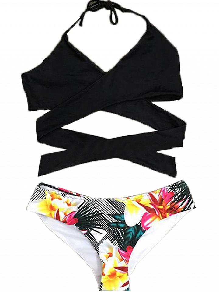 Choies Black Marlowe Cross Bikini Top And Print Bottom