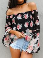 Choies Floral Off Shoulder Flare Sleeve Chiffon Blouse