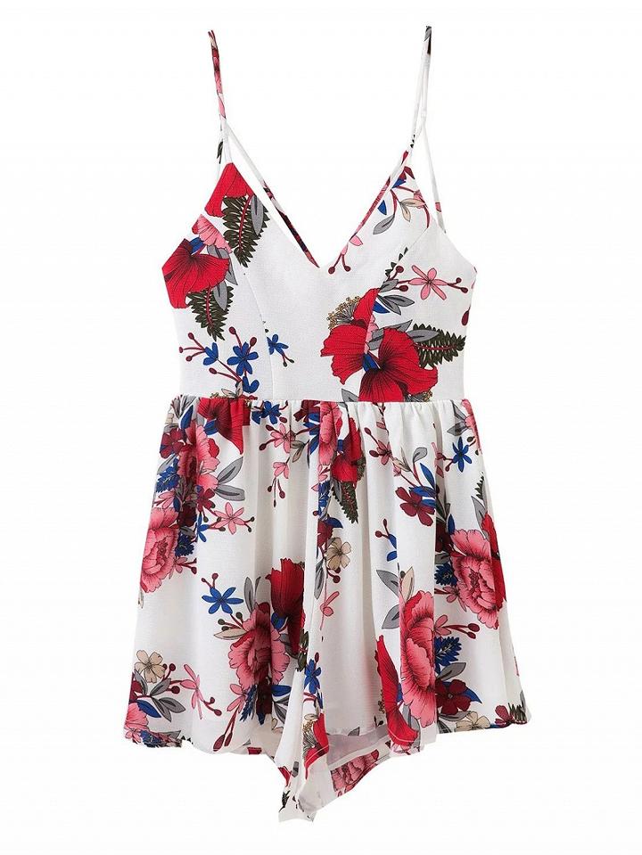 Choies White V-neck Floral Strap Cross Back Romper Playsuit