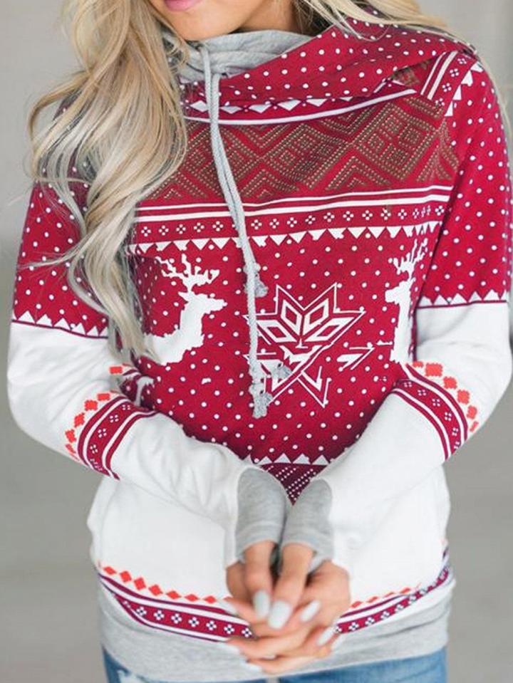 Choies Red Print Detail Long Sleeve Christmas Women Hoodie
