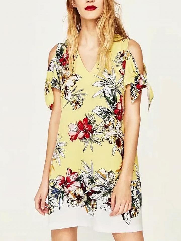 Choies Yellow V-neck Floral Cold Shoulder Tie Sleeve Shift Mini Dress