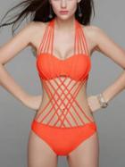 Choies Orange Halter Lattice Cross Strappy Tie Back Swimsuit
