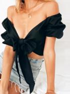 Choies Black Cotton V-neck Tie Front Chic Women Crop Top