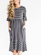 Choies Gray Cotton Stripe Half Sleeve Chic Women Midi Dress