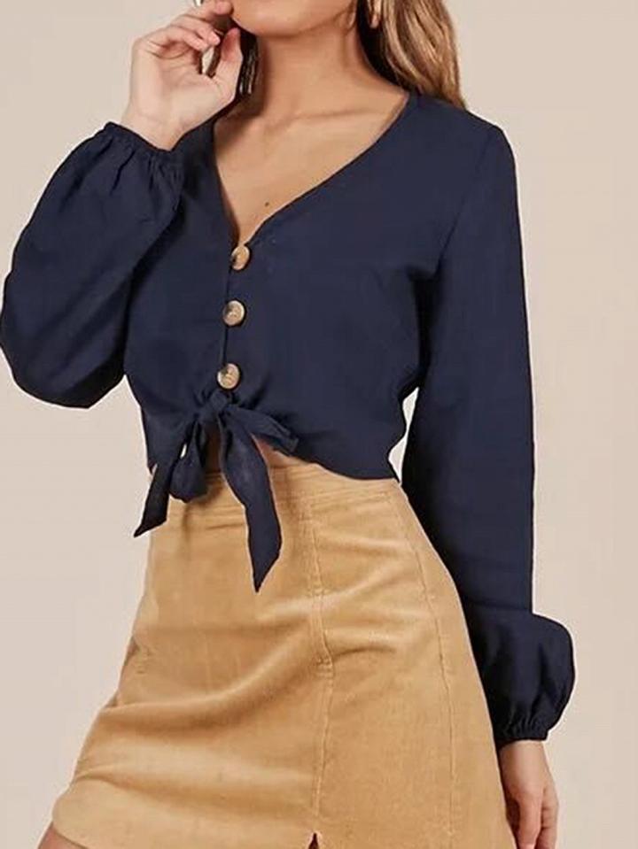 Choies Dark Blue V-neck Tie Front Puff Sleeve Chic Women Crop Blouse