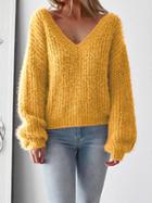 Choies Yellow V-neck Open Back Long Sleeve Knit Sweater