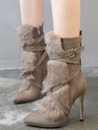 Choies Khaki Faux Fur Panel Buckle Strap Pointed Heeled Boots