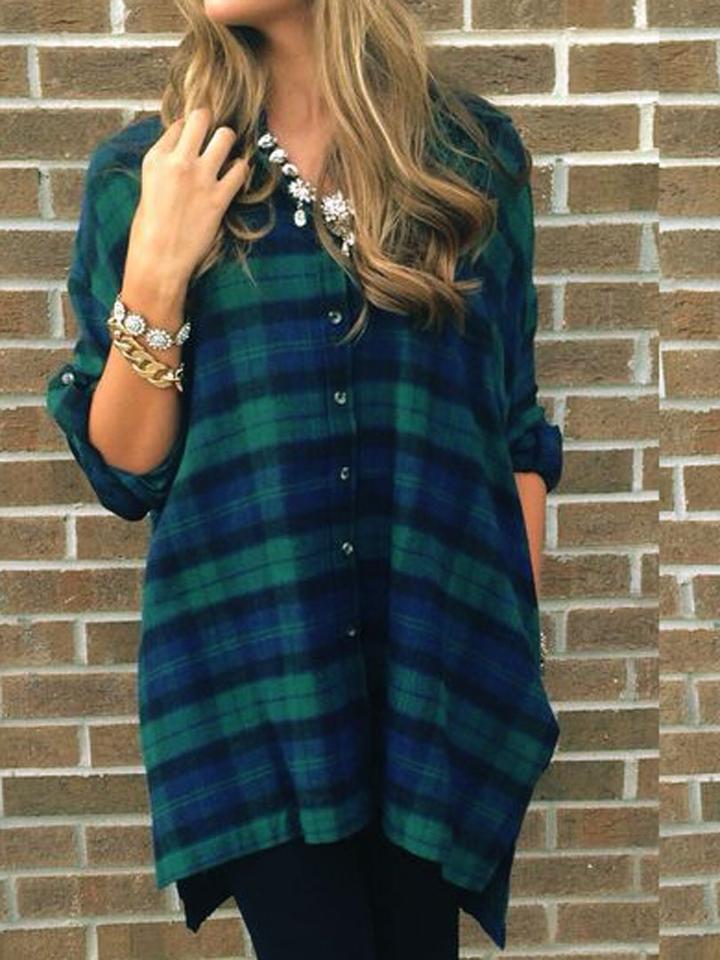 Choies Blue And Green Plaid Button Detail Roll Up Sleeve Shirt
