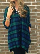 Choies Blue And Green Plaid Button Detail Roll Up Sleeve Shirt