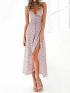 Choies Light Pink Floral Print Tie Waist Wrap Cami Maxi Dress