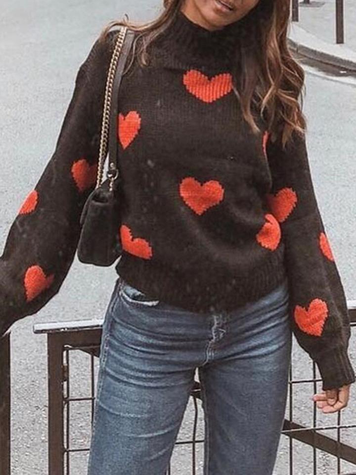 Choies Black High Neck Heart Print Long Sleeve Women Sweater