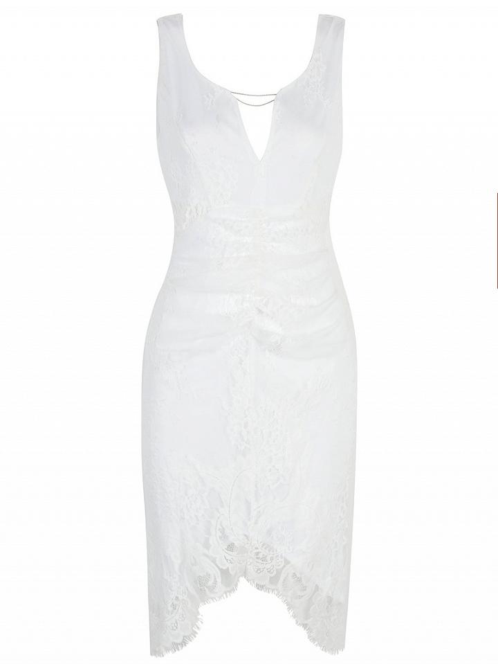 Choies White V-neck Sheer Lace Panel Backless Asymmetric Dress