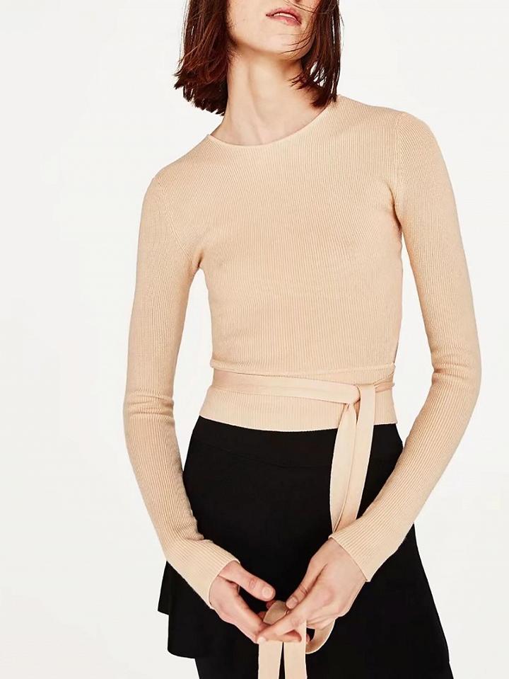 Choies Beige Tie Waist Open Back Long Sleeve Cropped Knit Sweater