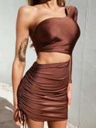 Choies Brown One Shoulder Cut Out Waist Long Sleeve Chic Women Mini Dress