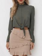 Choies Green Chiffon Stand Collar Frill Trim Long Sleeve Chic Women Blouse