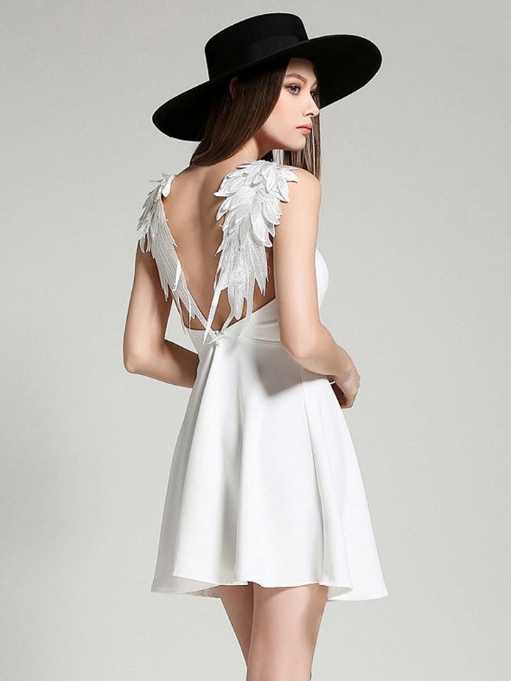 Choies White V-neck Wing Detail Open Back Skater Dress