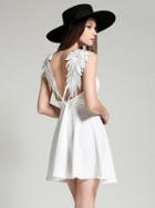 Choies White V-neck Wing Detail Open Back Skater Dress