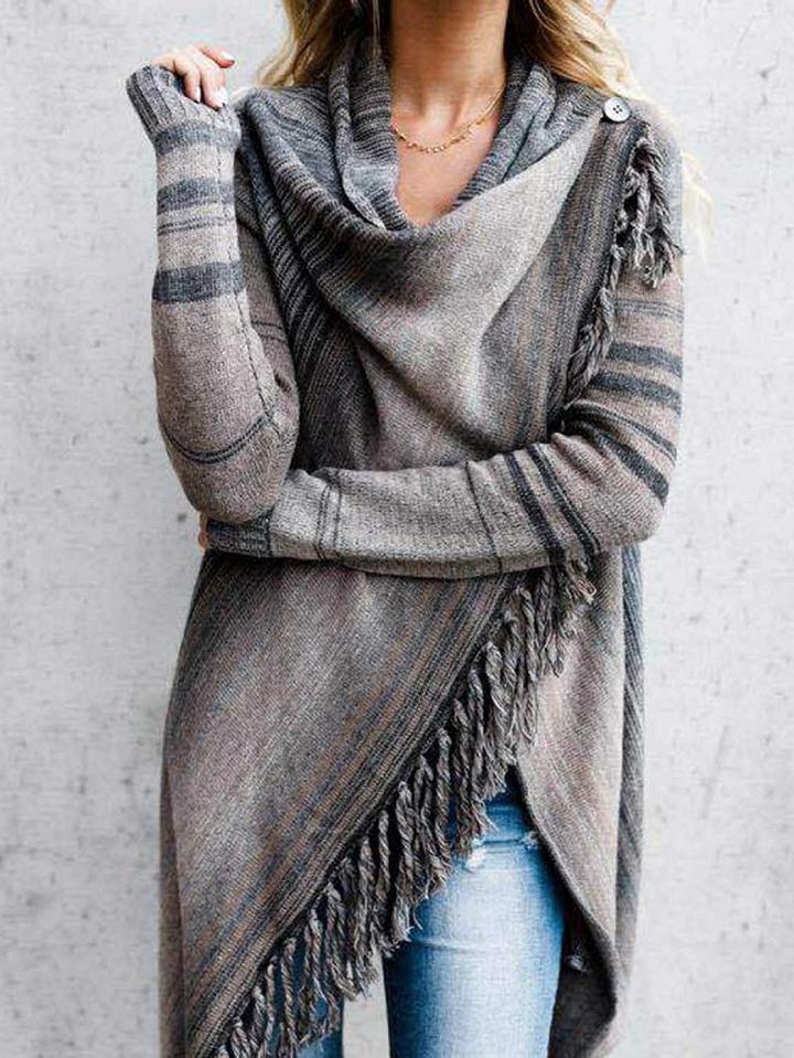 Choies Gray Stripe Tassel Trim Long Sleeve Chic Women Knit Cardigan