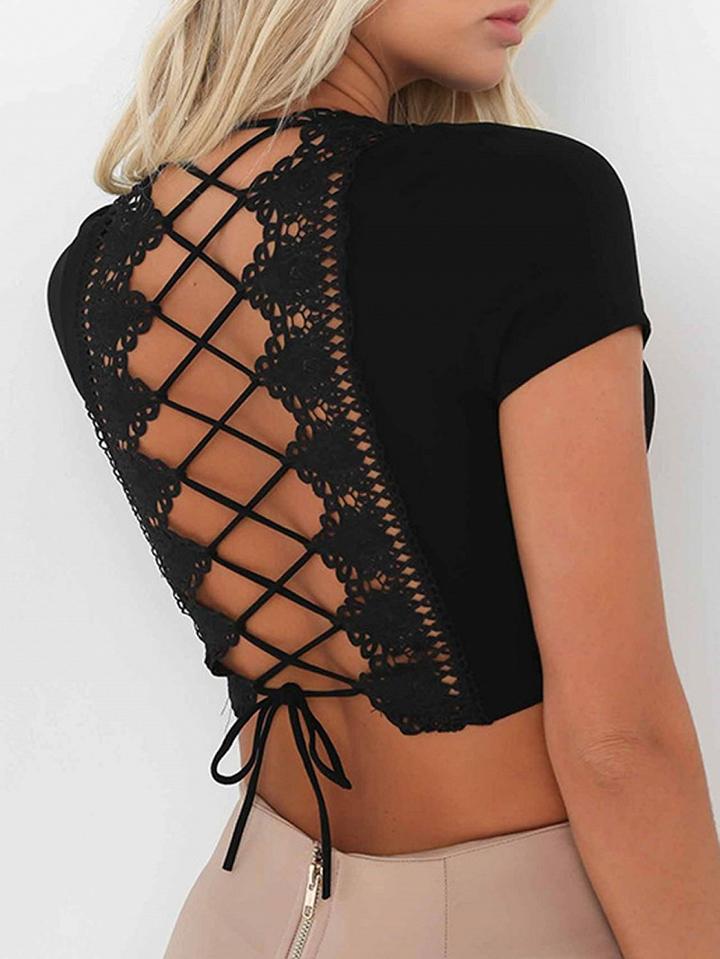Choies Black Plunge Lace Panel Lace-up Back Crop Top