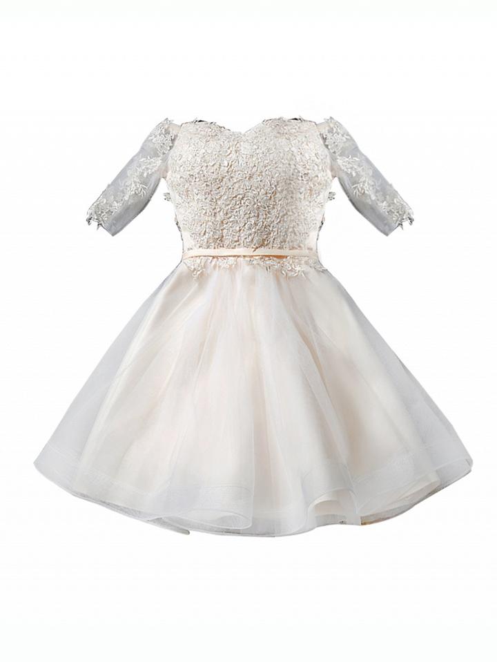 Choies Beige Sweetheart Half Sleeve 3d Lace Mesh Skater Prom Dress