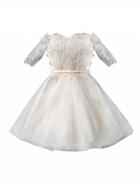 Choies Beige Sweetheart Half Sleeve 3d Lace Mesh Skater Prom Dress