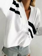 Choies White V-neck Stripe Panel Long Sleeve Chic Women Knit Sweater