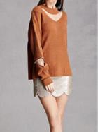 Choies Khaki V-neck Cut Out Detail Long Sleeve Chic Women Knit Sweater