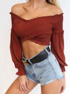 Choies Burgundy Off Shoulder Puff Sleeve Stretch Cross Cropped Blouse