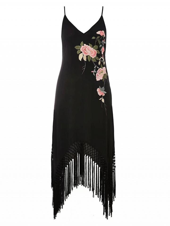 Choies Black Floral Embroidery Fringe Hem Cami Dress
