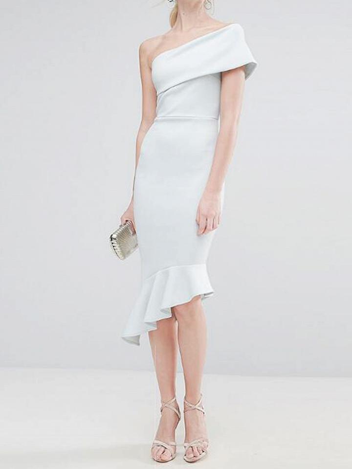 Choies White Asymmetric Neck Fishtail Hem Chic Women Bodycon Midi Dress