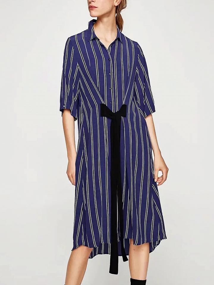 Choies Blue Stripe Tie Front Shirt Dress