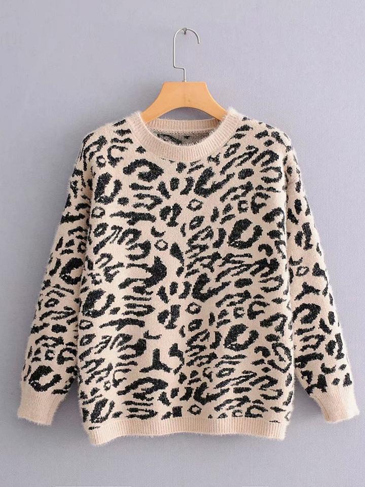 Choies Black Crew Neck Leopard Print Long Sleeve Women Sweater