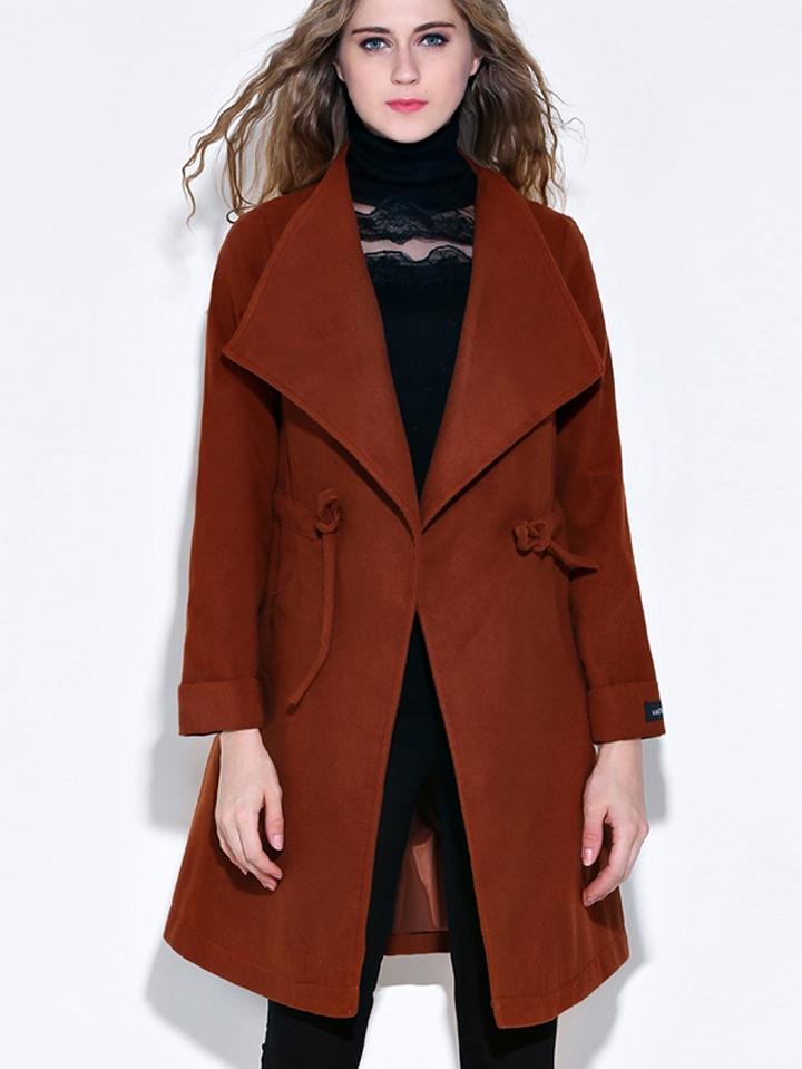 Choies Brown Lapel Drawstring Waist Wool Longline Coat