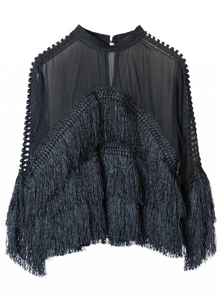 Choies Black Tassel Trim Cut Out Detail Long Sleeve Blouse